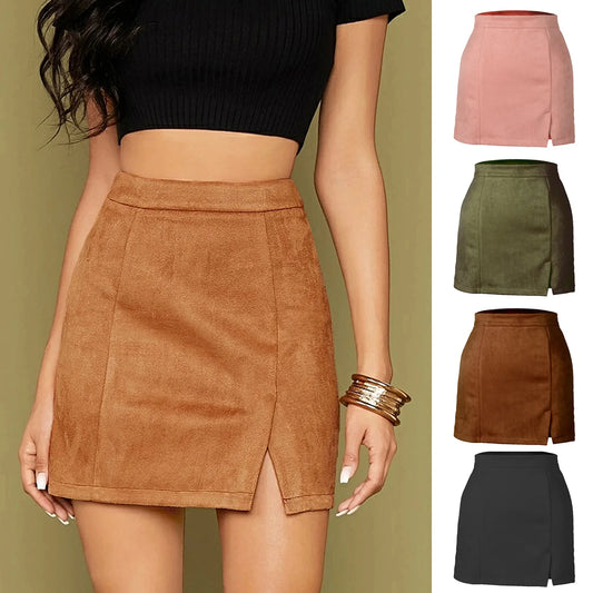2022 Autumn and Winter Women&#39;s Suede Bag Hip Skirt High Waist Skirts with Zipper A-line Solid Colors Jupe Taille Haute