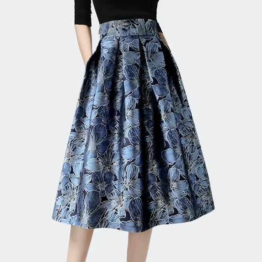 Pleated Blue Jacquard Skirt Women High Waist A-Line Midi Skirts 2023 Spring Autumn New Vintage Elegant Female Casual Bottoms